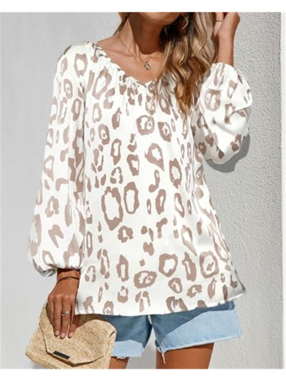 Women's Leopard Print Satin Blouse V Neck Long Sleeve Boho Dressy Casual Top - Picture 3 of 6